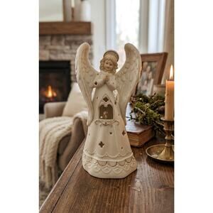 Vintage Porcelain Praying Angel Tealight Holder - Gold Trim & Crystal Prism